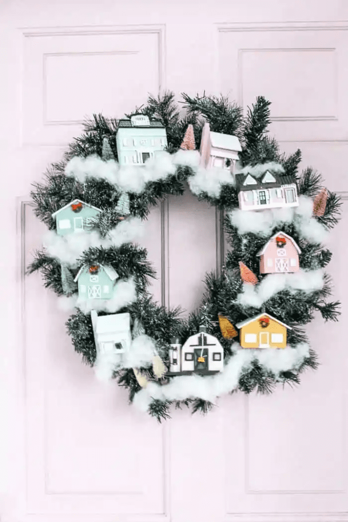 diy christmas village wreath / diy retro christmas decor / pastel christmas / pink xmas