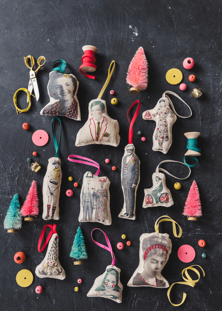 DIY tree ornaments using vintage photography and hand embroidery
