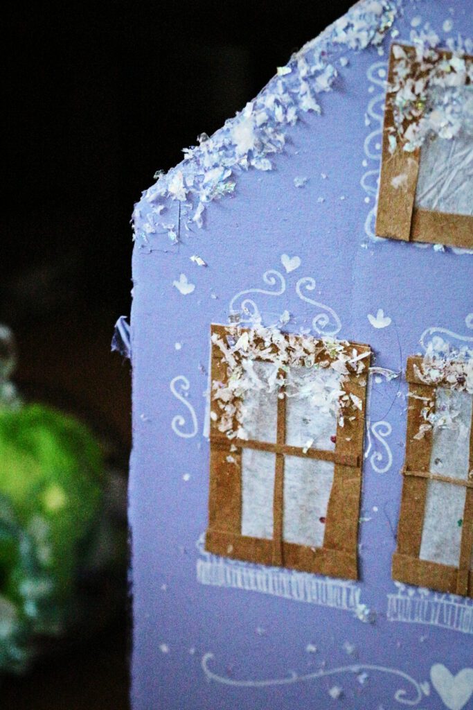 DIY christmas village advent calendar details with fake snow