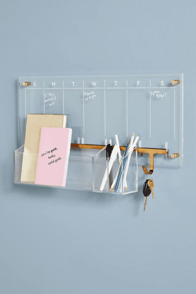 20 Cute AF 2023 Wall Calendars To Get Organized! // Anthropologie acrylic wall calendar weekly with hooks for keys and office supplies
