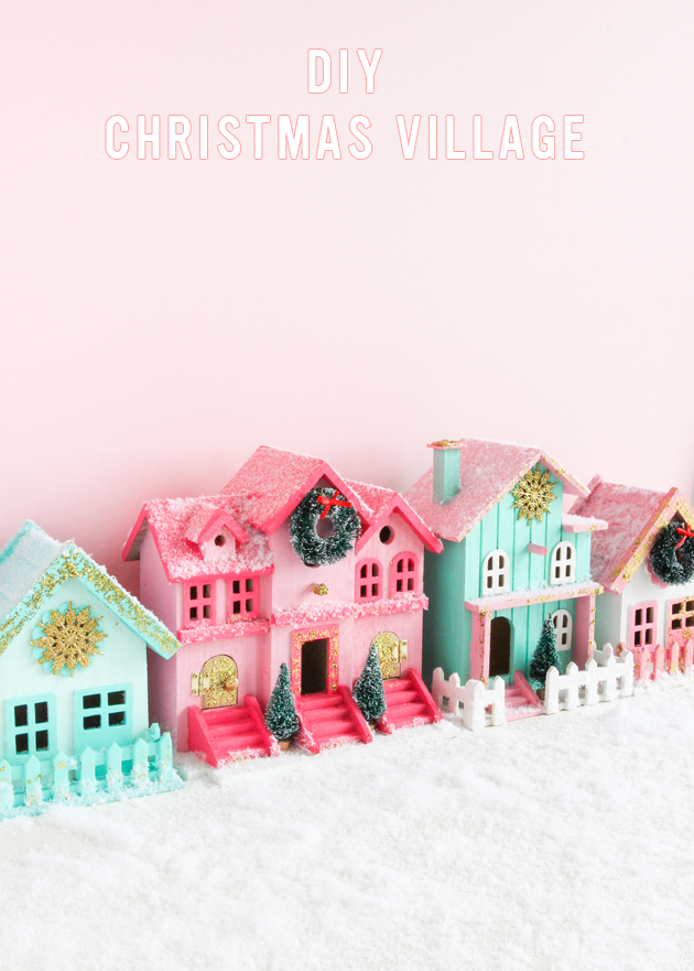10 DIY christmas villages // painting wood birdhouses to give them a pink retro finish